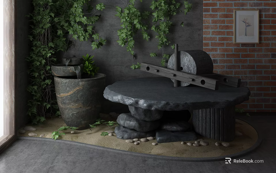 Rustic Garden Ornaments Featuring Stone Table Mill Basin Greenery And Climbing Brick Wall 3d model 