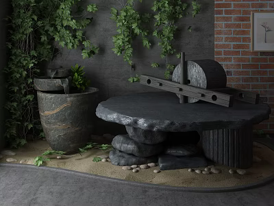 Rustic Garden Ornaments Featuring Stone Table Mill Basin Greenery And Climbing Brick Wall 3d model