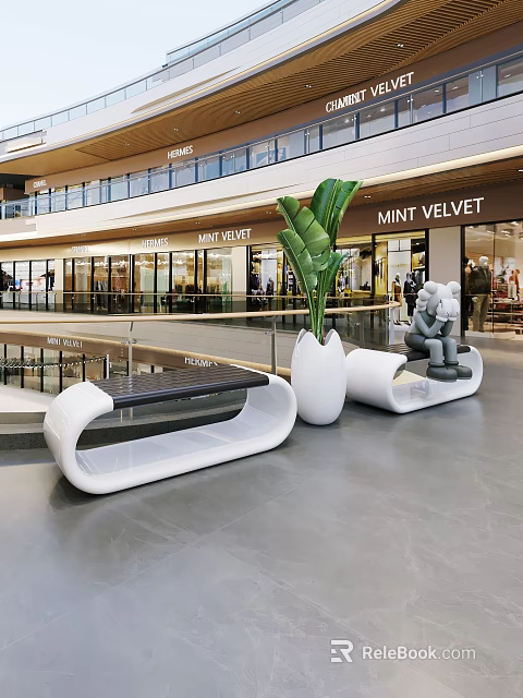 Modern Shopping Mall Interior Featuring Retail Stores MINT VELVET Signage Green Plants And Sculptural Seating 3d model 
