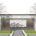 Scenic Feature Wall Design With Mountain Pattern Water Wave Elements Greenery And Stone Pathway
