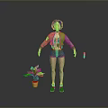 Game and Movie Female Character in Green Jacket with Striped Shorts Potted Plant and Gun