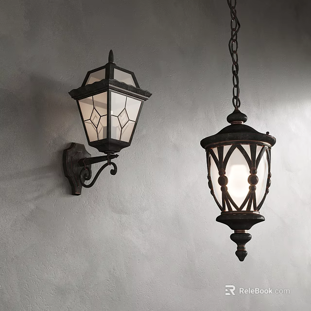 Classic Wall Lamp With Black Metal Frame Glass Panels Paired Hanging Lamp On Gray Wall 3d model 