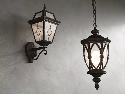 Classic Wall Lamp With Black Metal Frame Glass Panels Paired Hanging Lamp On Gray Wall 3d model