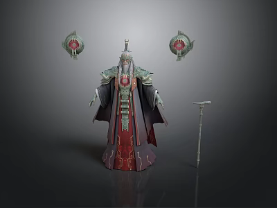Ancient Emperor 3D Model With Red Robe Green Decorations Scepter And Lanterns 3d model