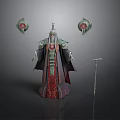 Ancient Emperor 3D Model With Red Robe Green Decorations Scepter And Lanterns