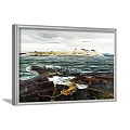 Vibrant Landscape Painting Featuring Rocks Grass Trees Distant Sea And Sky