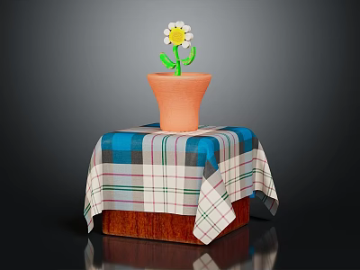 Small White Flower Plant in Orange Pot on Wooden Table with Blue Green Checkered Tablecloth 3d model