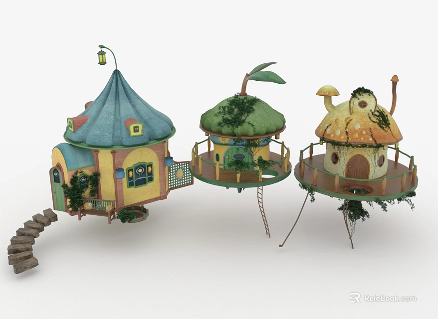 Three fairy-tale style treehouses with various roofs wooden stairs and vine decorations 3d model 
