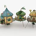Three fairy-tale style treehouses with various roofs wooden stairs and vine decorations