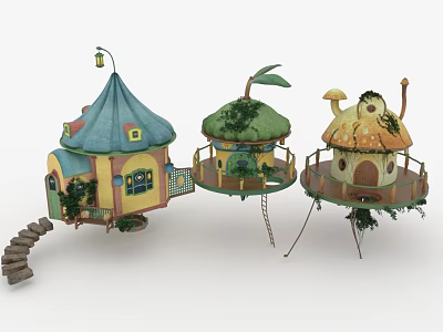 Three fairy-tale style treehouses with various roofs wooden stairs and vine decorations 3d model