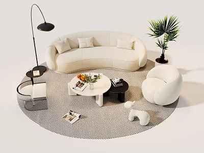 Modern Curved White Sofa And Round Coffee Table Set With Single Chair Floor Lamp Green Plant And Decorative Items 3d model