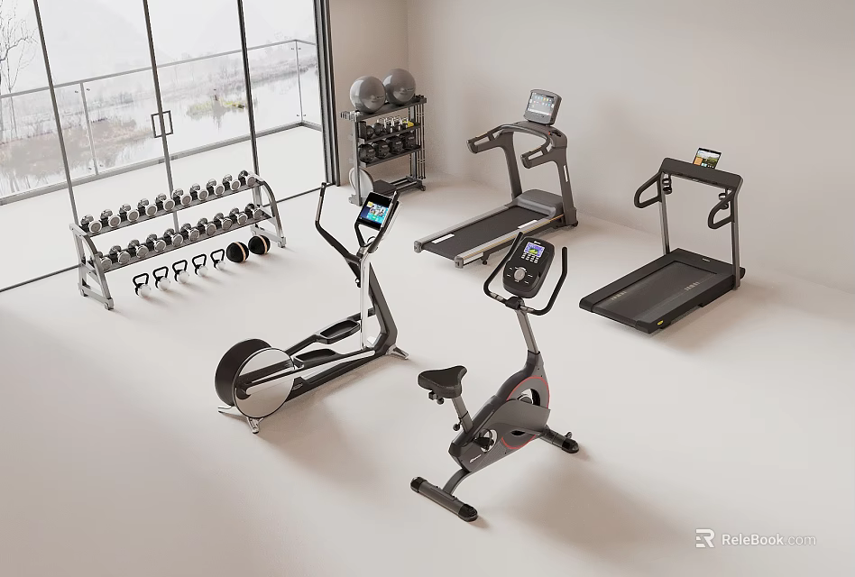 Modern Home Gym Interior With Treadmill Exercise Bike Dumbbell Rack And Equipment 3d model 