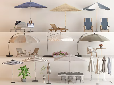 Patio Umbrella Various Styles and Colors with Outdoor Chairs Tables and Plants 3d model