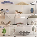 Patio Umbrella Various Styles and Colors with Outdoor Chairs Tables and Plants