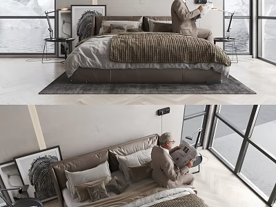 Modern Bedroom Interior Double Bed With Cozy Bedding And Natural Light Windows 3d model