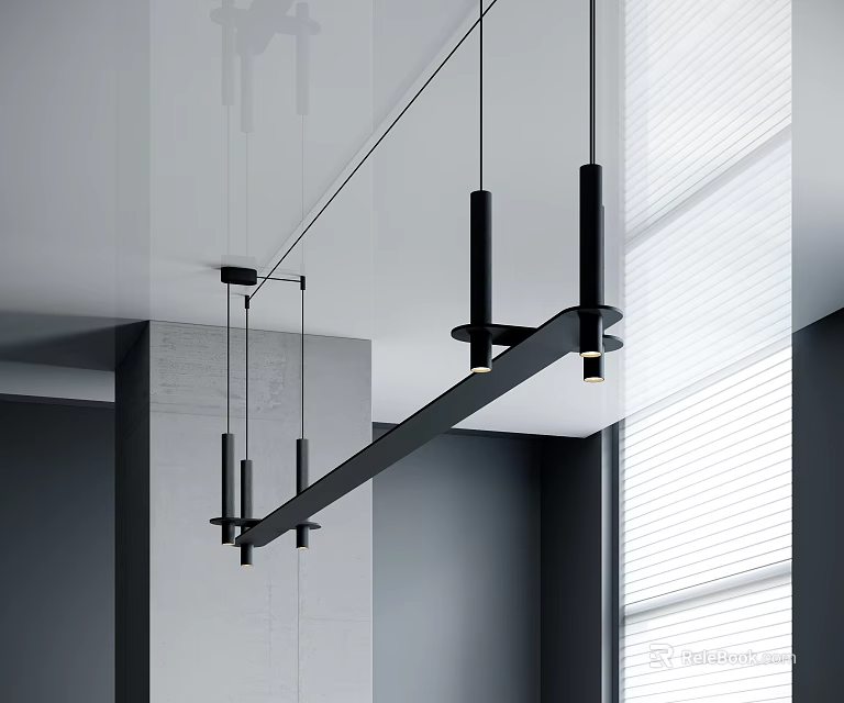Modern Black Linear Chandelier With Metal Pillars In Contemporary Interior Space 3d model 