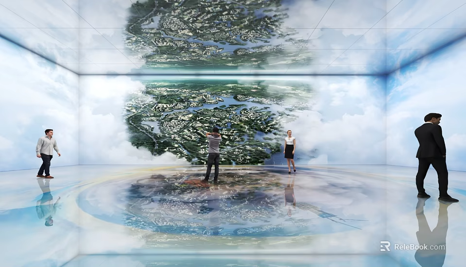 Immersive Digital Art Installation With People Viewing Mountain Water Projection And Reflective Circular Floor 3d model 