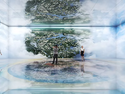 Immersive Digital Art Installation With People Viewing Mountain Water Projection And Reflective Circular Floor 3d model