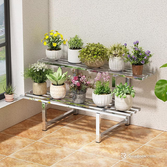Stainless Steel Multi Tiered Flower Stand With Various Potted Green Plants And Flowers Indoor 3d model 