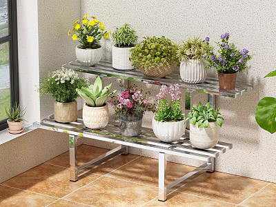 Stainless Steel Multi Tiered Flower Stand With Various Potted Green Plants And Flowers Indoor 3d model