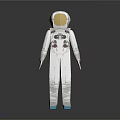 Man in white spacesuit with gold helmet and blue boots against dark background