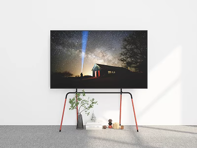 Modern TV Stand with Red Legs Potted Plant Books and Starry Night Screen 3d model