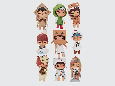 Cute Cartoon Decorative Figurine Set With Various Outfits And Headwear 3d model