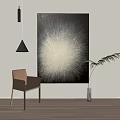Large Black And White Radial Artwork With Brown Chair Black Pendant Lamp And Green Plant