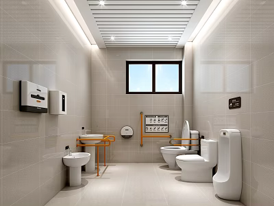 Modern Clean Public Restroom Interior With Tile Walls Sinks Toilets Urinals And Window 3d model