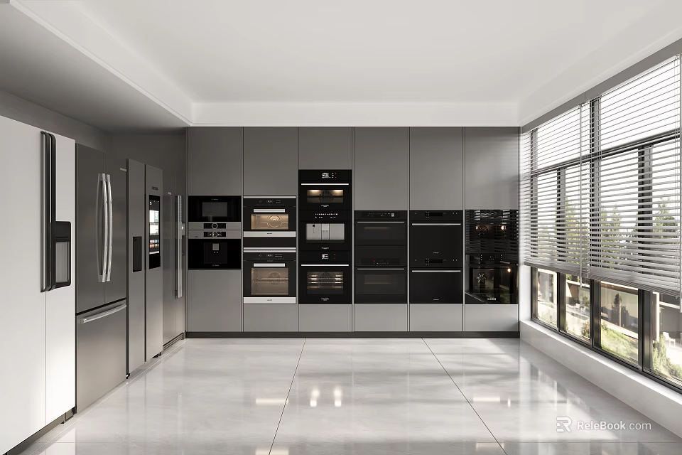 Modern Kitchen With Stainless Steel Appliances Gray Cabinets Built in Ovens Spacious Layout Large Windows 3d model 