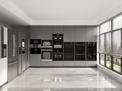 Modern Kitchen With Stainless Steel Appliances Gray Cabinets Built in Ovens Spacious Layout Large Windows 3d model
