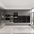 Modern Kitchen With Stainless Steel Appliances Gray Cabinets Built in Ovens Spacious Layout Large Windows