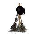 Household Cleaning Tools Hanging on Wooden Pole with Natural Bristle Brooms and Mops