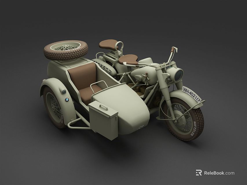 Vintage Motorcycle With Sidecar Brown Seats Spare Wheel And Classic Design 3d model 