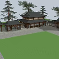 Traditional Chinese Ancient Architecture Featuring Curved Eaves Pine Trees And Stone Path 3d model