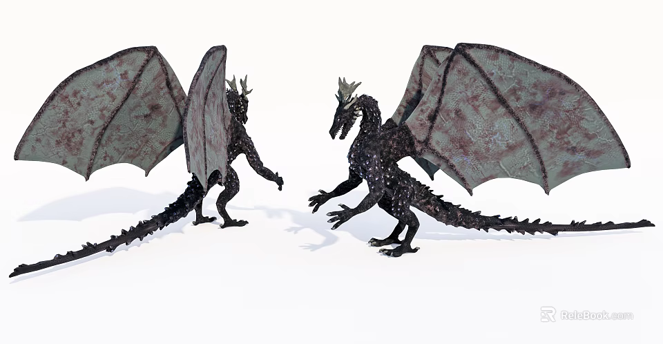Two Mythical Black Dragons Standing with Spread Wings on White Background 3d model