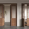 Open Wooden Doors With Intricate Lattice Designs In Indoor Setting With Plant