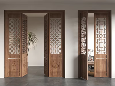 Open Wooden Doors With Intricate Lattice Designs In Indoor Setting With Plant 3d model