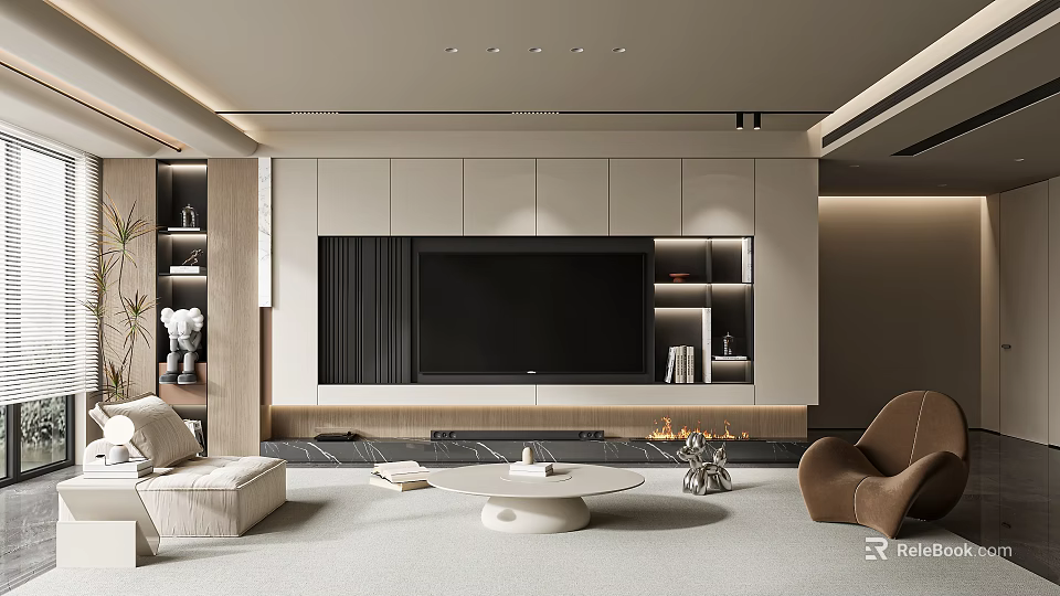 Modern Living Room Interior Design With TV Wall Cabinets Shelves Beige Sofa And Brown Armchair 3d model 