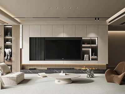 Modern Living Room Interior Design With TV Wall Cabinets Shelves Beige Sofa And Brown Armchair 3d model