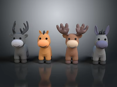 Colorful Cartoon Animal Stuffed Dolls Deer Horse And Donkey Arranged In Row 3d model