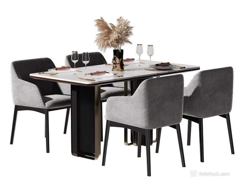 Modern Dining Table Set With Gray Chairs Pampas Grass Wine Glasses And Tableware 3d model 
