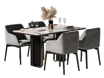 Modern Dining Table Set With Gray Chairs Pampas Grass Wine Glasses And Tableware 3d model