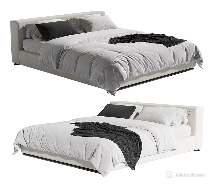Modern Double Bed With White Frame Gray Bedding Black Pillows And Throw 3d model