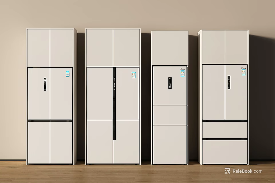 Modern Minimalist White Refrigerators and Freezers Multiple Styles Side by Side Against Wall 3d model 