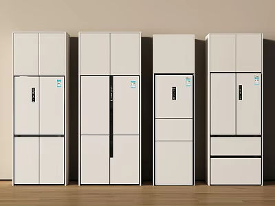 Modern Minimalist White Refrigerators and Freezers Multiple Styles Side by Side Against Wall 3d model