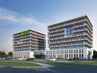 Modern Office Buildings Exterior with Glass Curtain Walls Brick Facade Parking Lot Greenery and Pedestrians 3d model