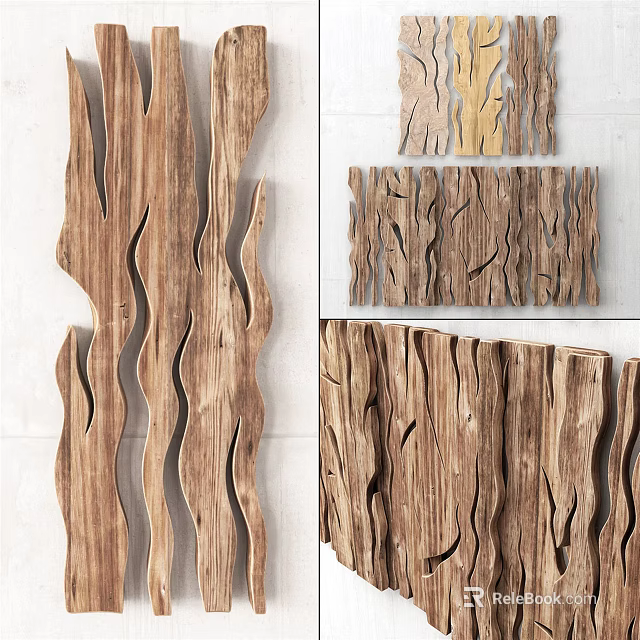 Rustic Stone Wood Wall Panels Featuring Natural Grain And Wavy Patterns 3d model 