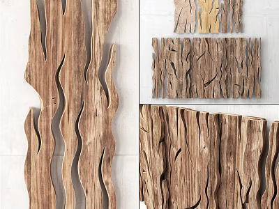 Rustic Stone Wood Wall Panels Featuring Natural Grain And Wavy Patterns 3d model