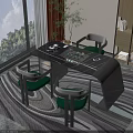 Modern Black Tea Table with Green Cushioned Chairs in Room with Large Window and Striped Rug